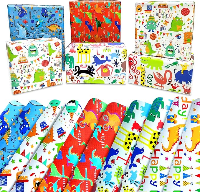 Kids Birthday Wrapping Paper for Boys & Girls - Dinosaur Animal Gift Wrap (6 Sheets 28"Lx20"W per Sheet)