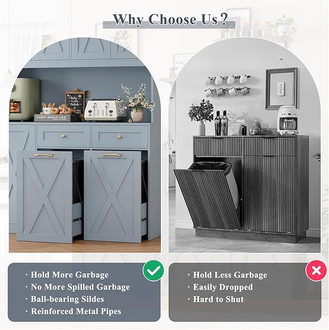 HOSTACK 12.5 Gallon Kitchen Trash Cabinet, 47" Double Trash Can Cabinet, Large Pull Out Can Storage Drawers, Wood Farmhouse Hidden Garbage Storage Buffet for Kitchen, Dining Room, Blue