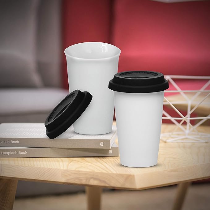 DISCOUNT PROMOS 11 oz. Double Wall Ceramic Tumblers with Lid - 6 Pack - Black