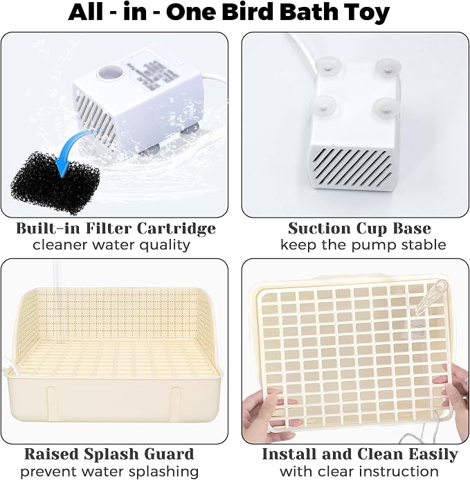Automatic Parakeet Bird Bath with Pump, Large Bird Shower Fountain | Indoor Bathtub with Running Water, Parrot Bath Tub Faucet for Pet Birds, Cockatiel, African Grey, Budgie, Conure, Lovebird