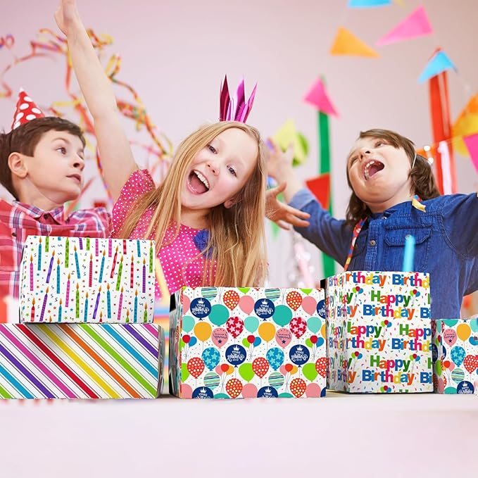 Birthday Wrapping Paper Sheet - 12 Sheets Folded Flat Gift Wrap with “Happy Birthday” Candles, Balloons, Colorful Stripes for Party, Baby Shower - 20 X 28 Inch Per Sheet