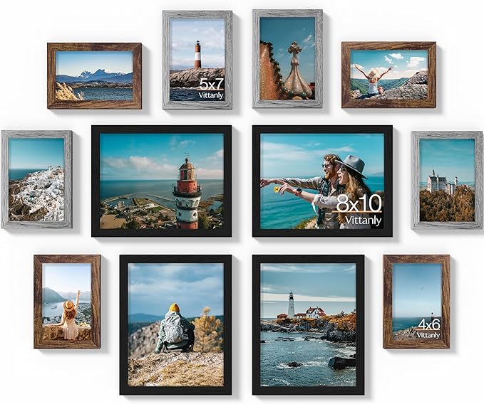 Vittanly 12 Pack Picture Frames Collage Wall Decor for Mounting or Tabletop Display, Gallery Wall Frame Set for Family, Multi Sizes Including 4pcs 8x10, 4pcs 5x7, 4pcs 4x6, Black, Brown and Grey