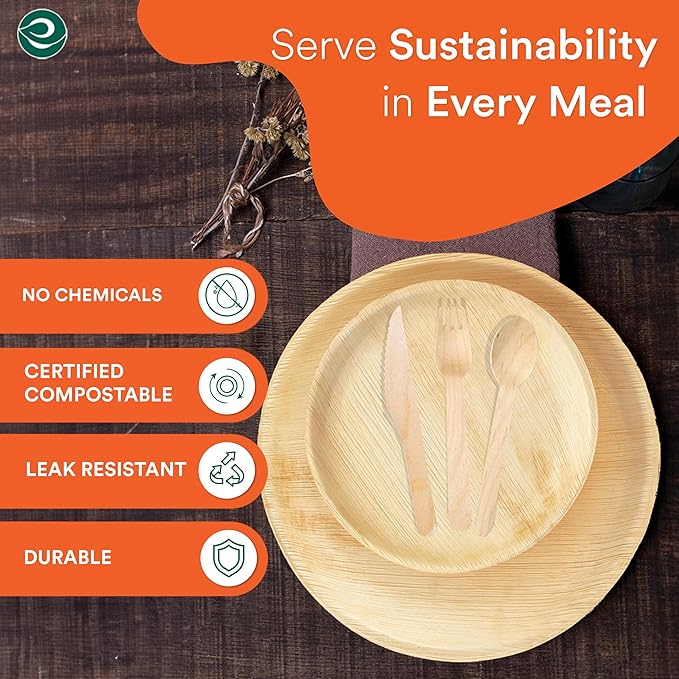 ECO SOUL 100% Compostable Palm Leaf Dinnerware Set of 250 For 50 Guests [10", 6" Round plates, Fork, Knife, Spoon, 50 Count each] | Biodegradable Disposable Utensils for Wedding, Parties, BBQ