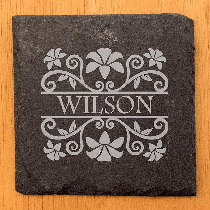 Personalized Monogram Family Coasters, Natural Stone Set, Birthday, Wedding, Customized, Rustic - Square Slate - Set of 5