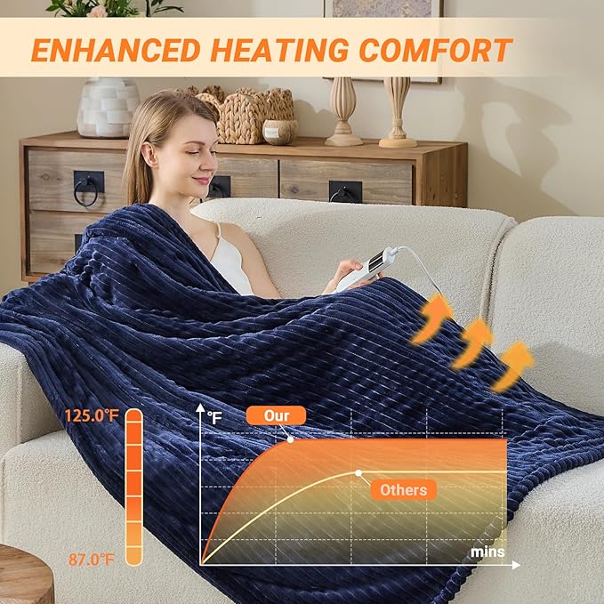 Heated Blanket Electric Queen, Soft Flannel Heating Blanket with 8 Hours Auto Off 10 Fast Heating Levels Machine Washable Sherpa Heated Blanket with Overheating Protection