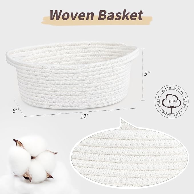 Pro Goleem Small Woven Basket with Gift Bags and Ribbons Durable Baskets for Christmas Gifts Empty Small Rope Basket for Storage 12"X 8" X 5" Baby Toy Baskets with Handles, White