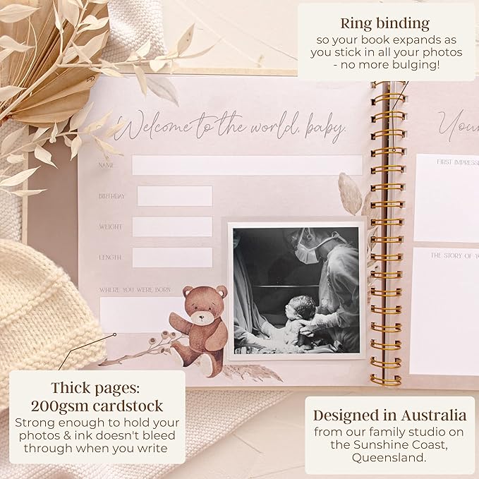 Peachly Unisex Baby Memory Book, Minimalist Baby First Year Keepsake for Milestones, Simple Baby Scrapbook for Boy Girl Milestones, Natural Linen (Haven)