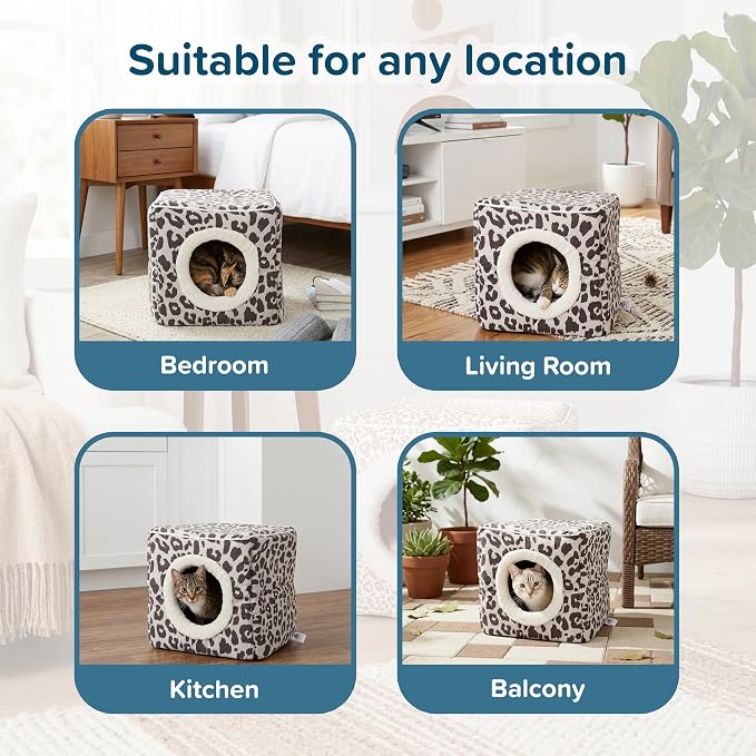 Cat House - Indoor Bed with Removable Foam Cushion - Cat Cave for Puppies, Rabbits, Guinea Pigs, and Other Small Animals by PETMAKER (Animal Print)