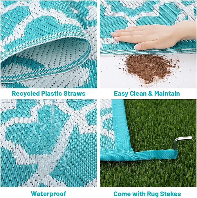 HEBE Outdoor Rug Waterproof 9x12, Plastic Straw Rug Camping Rug, Reversible Outdoor Patio Rugs RV Mat Clearance, Indoor Outside Floor Carpet for Porch,Deck,Camper,Balcony,Backyard