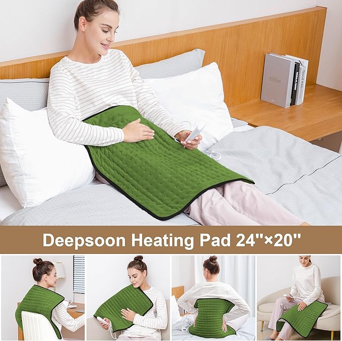 Deepsoon Heating Pad,Electric Heating Pads for Back,Neck,Abdomen,Moist Heating Pad for Shoulder,Knee,Arms,Legs,Dry/Moist Heat & Auto Shut Off,Christmas Gifts for Men and Women,Green Black,24x20 Inch