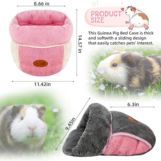 YUEPET 2 Pack Guinea Pig Bed, Guinea Pig Cuddle Sack, Grey & Pink | Guinea Pig House, Portable Guinea Pig Hideout, Soft Coral Fleece Pocket Guinea Bed, Washable Cushion