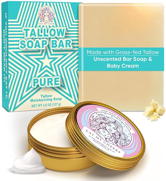 Baby Momma Cream and Natural Tallow Bar Soap Bundle - Grass-Fed Tallow for Babies & Moms - Unscented Moisturizing & Nourishing Handmade, Organic Ingredients for All Skin Types - 4 oz & 4.5 oz