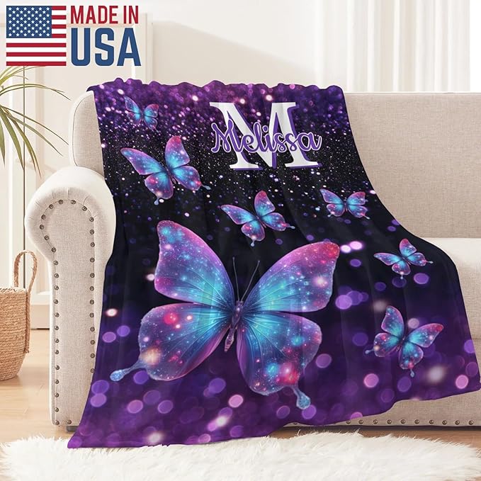 Personalized Baby Blanket with Initial - Customized Throw Blanket Gift for Girls Kids Teens Adults (Butterfly Design)