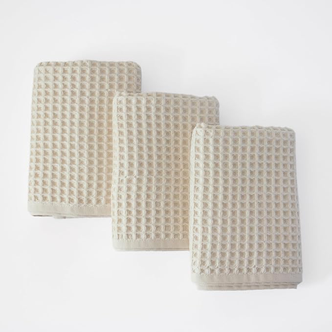 PÜSKÜL - Set of 3 Organic Waffle Hand Towel Natural Raw - Premium Quality, 100% Turkish Cotton, Soft, Quick-Dry, Absorbent, Lint-Free Face Kitchen Hand Towels (Natural Beige, Hand Towels - Pack of 3)
