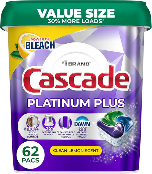 Cascade Platinum Plus Dishwasher Pods, Dish Detergent Soap, Clean Lemon Scent, 62 Count