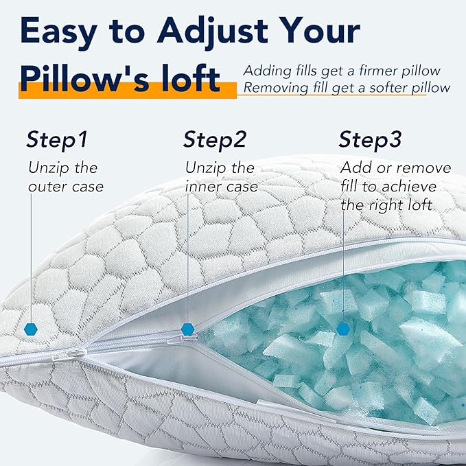 QUTOOL Cooling Pillow for Sleeping, CertiPUR-US Shredded Memory Foam King Pillows Set of 2, Cool Pillow for Hot Sleepers Adjustable Firm Pillow for Side, Back, Stomach Sleepers Soft Yet Support, White