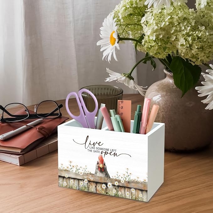 DILSJ Inspirational Chicken 2 Compartment Pen Pencil Holder Organizer for Desk, Chicken Lovers Gifts for Women, Live Like Someone Left The Gate Open Wooden Box Signs for Home Office & School Supplies