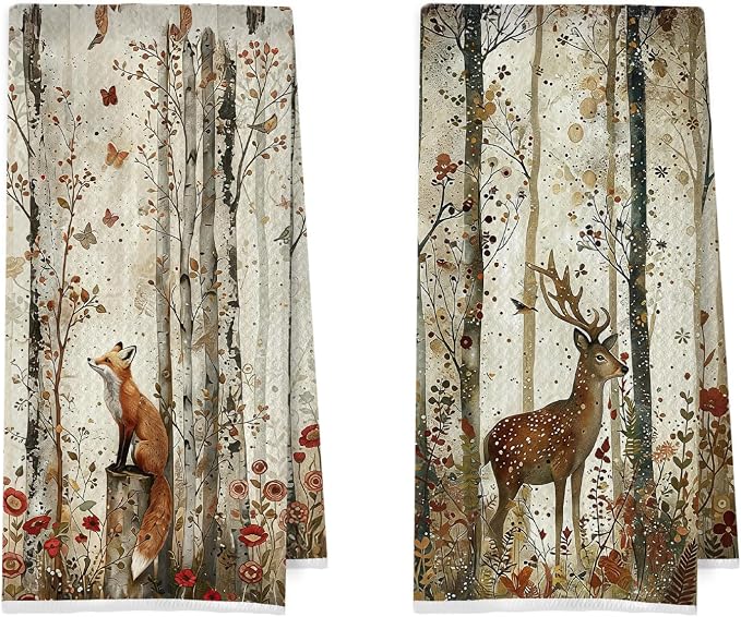 Forest Animal Kitchen Towels - Farmhouse Woodland Animals Decorative Waffle Dish Towels, Rustic Deer Fox Hand Towel, Camper Nursery Tea Towel for Kitchen Decor, 16x24 Inch Set of 2