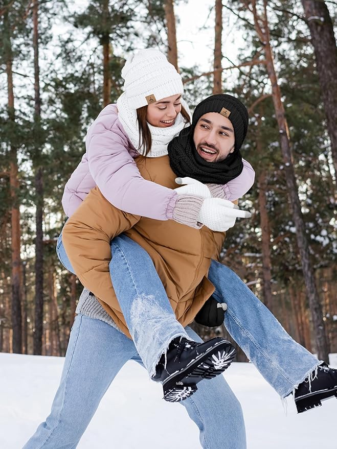 Winter Beanie Hat Scarf Gloves, Warm Fleece Knit Hats Touch Screen Gloves Neck Scarf Set Winter Gifts for Unisex Adult