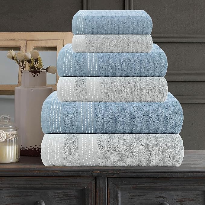 CASA COPENHAGEN Elegance 6 Pieces Towel Set- Grey Violet + Dusty Blue, 550 GSM 2 Bath Towel 2 Hand Towel 2 Washcloth, Designed in Denmark Made of Soft Egyptian Cotton for Bathroom,Kitchen and Shower