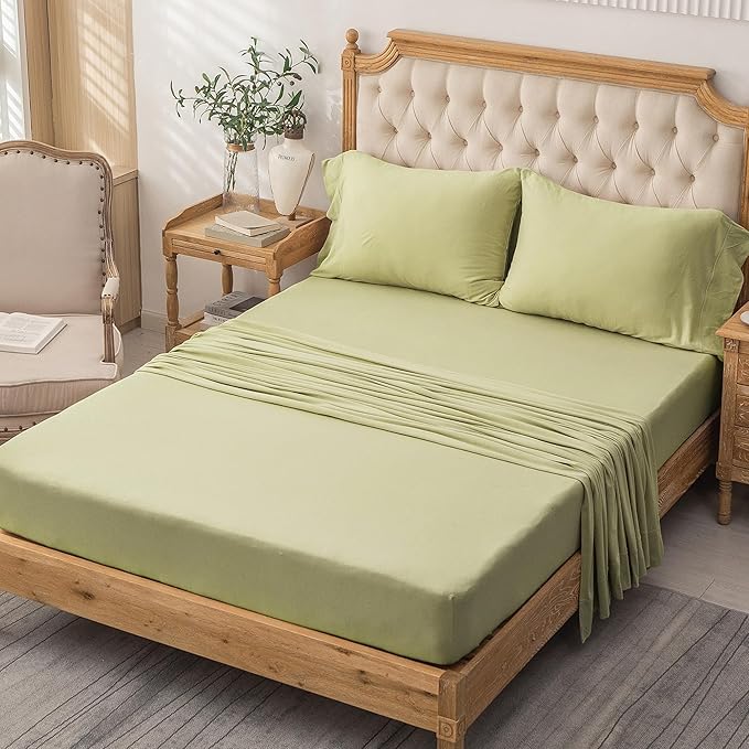 PURE ERA Jersey Knit 4pc Bed Sheet Set 100% T-Shirt Cotton Super Soft Comfy Breathable Fits Mattress Up to 20" Extra Deep Pocket (Solid Mocha Green, Queen)