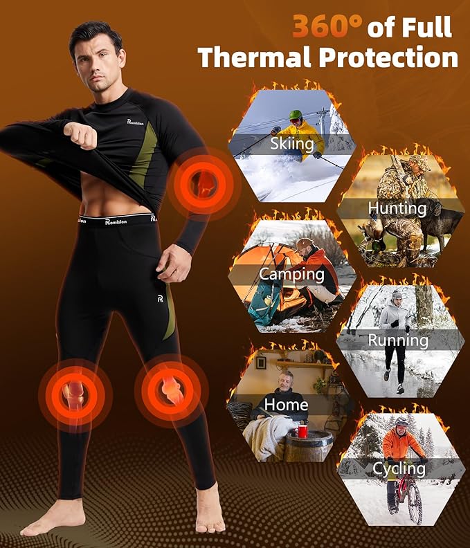 romision 2 Pack Thermal Underwear for Men Long Johns Fleece Lined Hunting Gear Bottom Top Set Base Layer Cold Weather XS-4XL