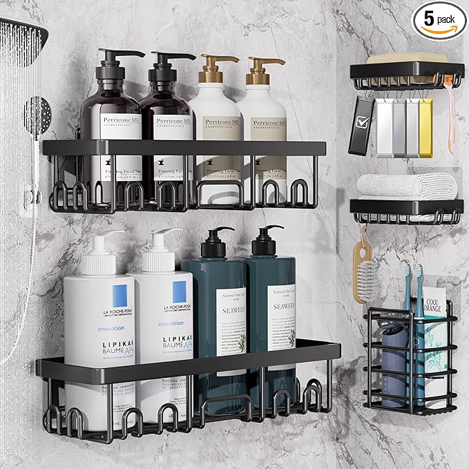 Veken Rustproof & Waterproof Shower Caddy 5-Pack, No Drilling Adhesive Wall Mounted Shower Shelves, Racks For Inside Shower, Large Bathroom Organizer Storage Accessories, Ideal for Home&Kitchen, Black