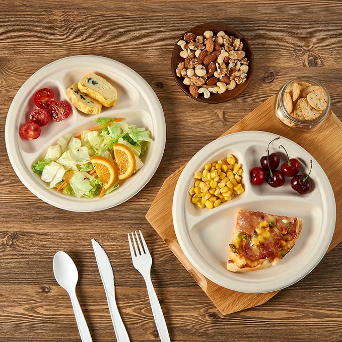 Vplus 100% Compostable Paper Plates, 125 Pack 9 Inch 3 Compartment Plates Disposable, Heavy Duty Biodegradable Plates Made of Sugar Cane Fibers, for Daily meals, Dinner, Parties, BBQ