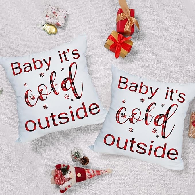 Fukeen Winter Outdoor Merry Christmas Throw Pillow Covers 22x22 Inch Waterproof Red and Black Buffalo Plaids Baby It’s Cold Outside New Year Holiday Cushion Cases Snowflake Decor Double Sided