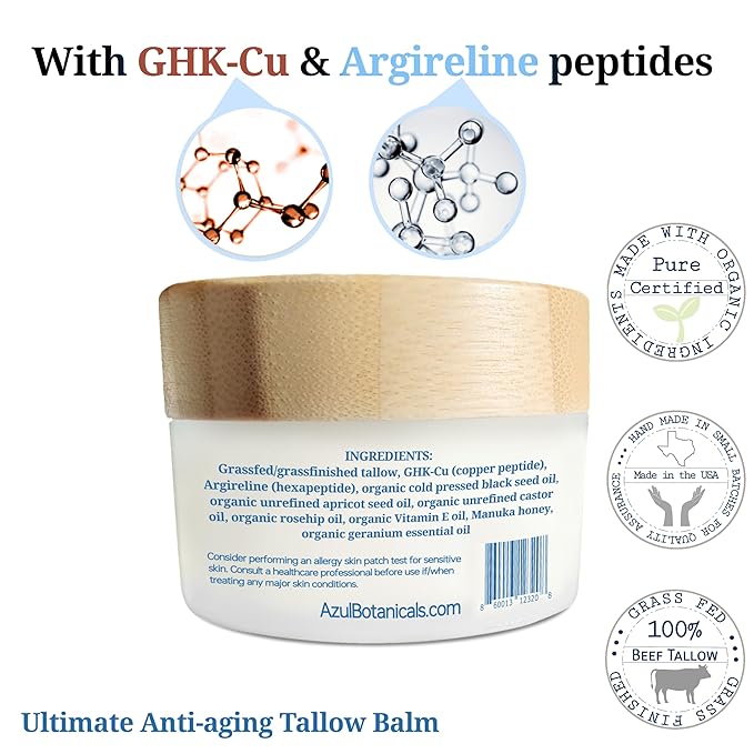 Ultimate Anti-Aging Tallow Balm Made with Organic Ingredients and Infused with Copper Peptide (GHK-Cu) and Argireline Hexapeptide, Black Seed Oil, Apricot Seed Oil (1.7 oz)