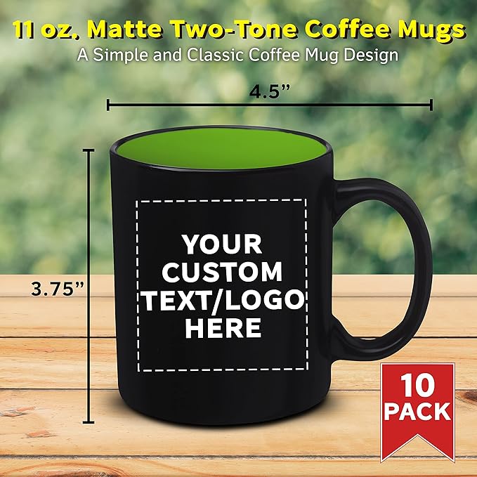 DISCOUNT PROMOS 10 Matte Two-Tone Coffee Mugs Set, 11 oz. - Customizable Text, Logo - Stoneware, Drinkware, Durable, C-handle - Lime Green