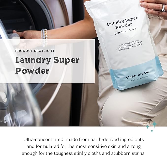 Clean Mama Laundry Super Powder Detergent - Extra Strength Laundry Detergent Powder - Natural Laundry Detergent for Sensitive Skin - Enzyme Powered, Fights Stains & Odors - Lemon + Clove, 60 Loads