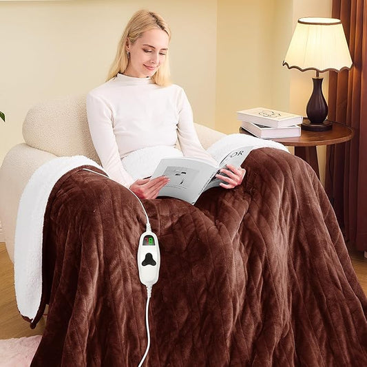 greenoak Heated Blanket Electric Twin 62"X84", Heating Blankets with 10 Levels 8 Hours Auto-Off, Soft Flannel Sherpa Fluffy House Warming Gifts for Grandma Seniors Mom,Mocha