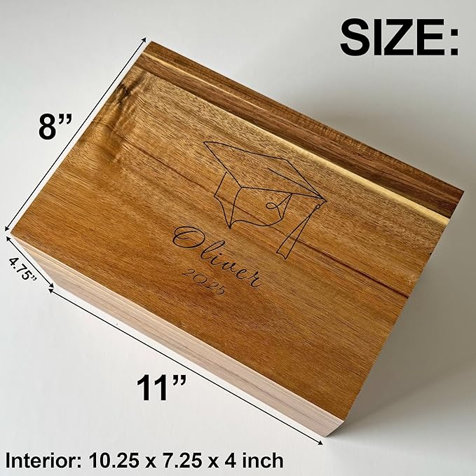 Graduation Memory Box 2025 - Personalized Graduation Gifts for Her Him, Custom Engraved High School Memory Box Organizer Boys Girls, Keepsake Time Capsule, Wooden Storage Chest Congrats Grad