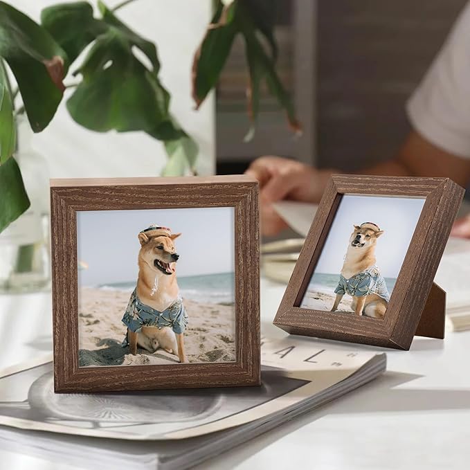 Fun Memories 4x4 Picture Frame, Solid White Oak Wood Frame 4 by 4, 4 x 4 Square Photo Frame with Tempered Real Glass, Rustic Wooden Frame 4""x4"" for Wall & Tabletop Display, Walnut Color, Set of 2