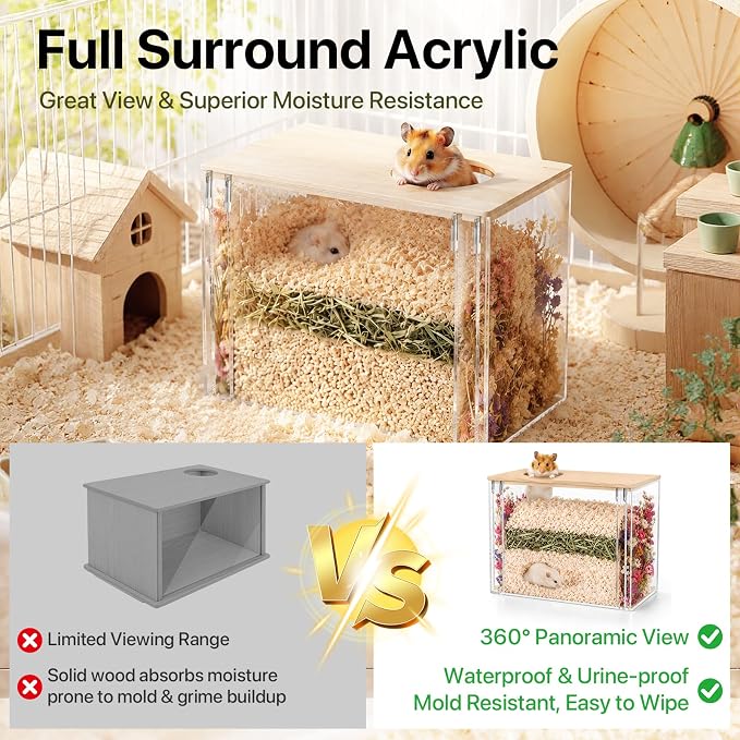 Fully Detachable Hamster Digging Box, Removable Acrylic Panels & Wooden Lid, Extra Deep Clear Panoramic Burrow, Dual-Side DIY Habitat, L Size for Syrian Hamsters, Gerbils, Degus