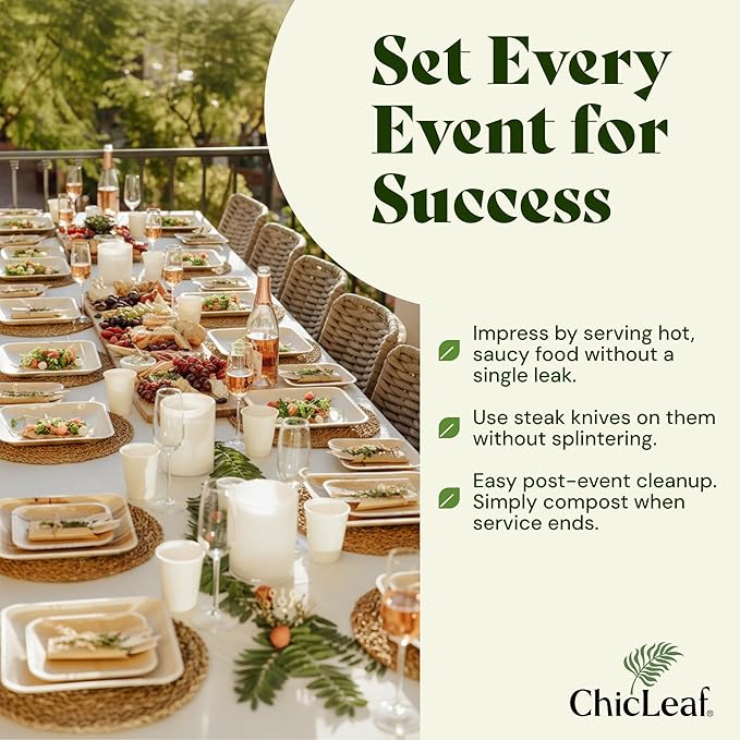 Chic Leaf Palm Leaf Bamboo Plates - 9-Inch Square, Pack of 50 - Eco-Friendly Compostable Platters - Microwave-Safe Disposable Plates - Durable Party Dishware