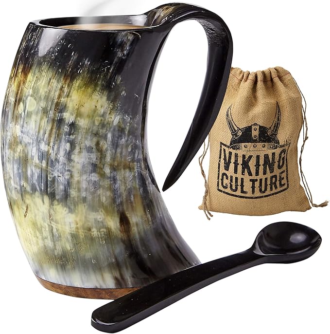 Viking Culture - Hot Viking Horn Mug with Spoon and Bag, 2 Pc Set, Horned Handle with Rustic Natural Finish, Safely Holds Hot and Cold Tea, Coffee, Cocoa, Wine, Beer or Mead