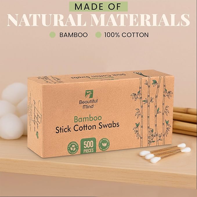 Bamboo Cotton Swabs 500 Pack - Natural Swabs for Ears, Makeup & Cleaning - Carbonized Bamboo Sticks with Soft Buds - Travel Size Q Gentle Tips - Precision Ear Cleaner Swabs - Drawer Box