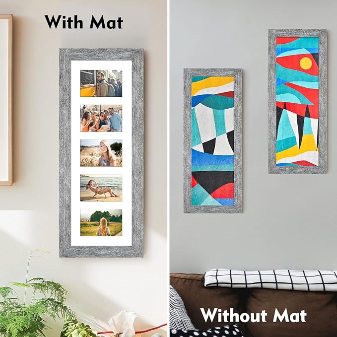 8x24 Picture Frame Display 5 opening 4X6 Picture Frame Collage,Multi Photo Frame with Mat,Plexiglass,Wall or Tabletop Decor,Grey Wood Grain