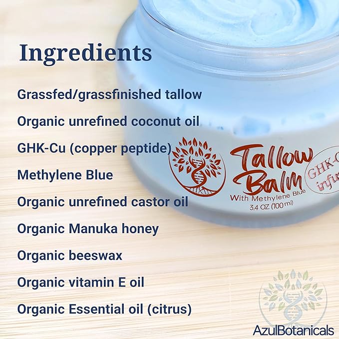 Copper Peptide GHK-Cu & Methylene Blue Infused Whipped Grass Fed Beef Tallow Balm, Anti-Aging, Fine lines, Wrinkles, Eczema, Acne, Full body moisturizer, All skin types, With Organic Ingredients 3.4oz