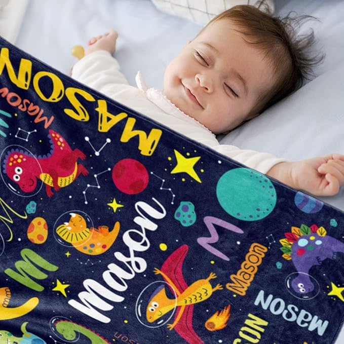Custom Dinosaur Blanket for Boys, Personalized Name Blanket for Kids Dino Outspace, Soft Flannel Dinosaur Customized Gift for Birthday Christmas Baby Shower Children Day 40"x50"