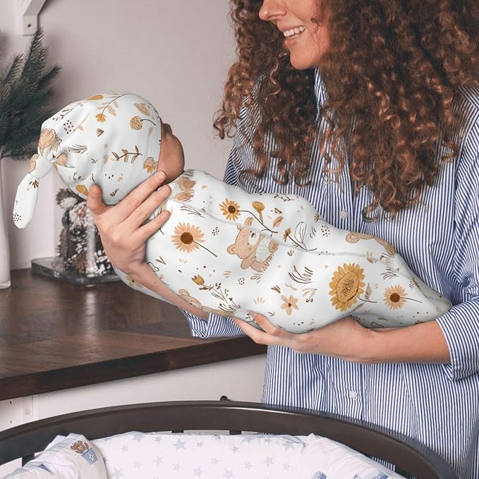Newborn Swaddle Blankets and Hat Set Soft Cotton Baby Swaddle Wrap Warm Infant Receiving Blanket Cute Bear