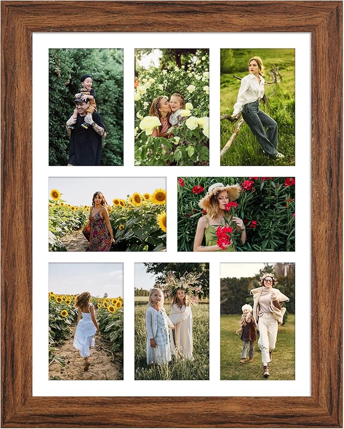 13x17 Picture Frame Display 8 opening 4X6 Picture Frame Collage,Multi Photo Frame with Mat,Plexiglass,Wall or Tabletop Decor,Carbonized Brown Wood Grain