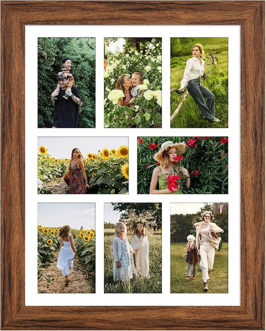 13x17 Picture Frame Display 8 opening 4X6 Picture Frame Collage,Multi Photo Frame with Mat,Plexiglass,Wall or Tabletop Decor,Carbonized Brown Wood Grain