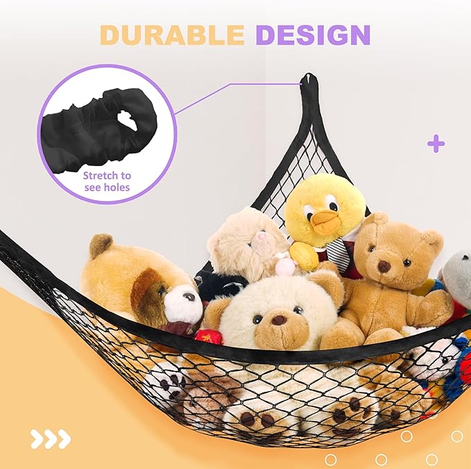 Lazebox Stuffed Animal Net Hammock for Plushie Toys, Stuffed Animal Hammock Corner for Kids' Room Decor, Ideas for Organizing Stuffy Collection, Easy to hang with Anchors & Hooks, 1 Pack, Black