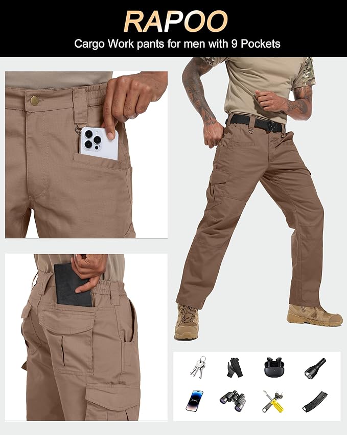 Rapoo Ripstop Water Resistant Cargo Tactical Pants for Men EDC Hiking Work Military Army Pants with 9 Pockets