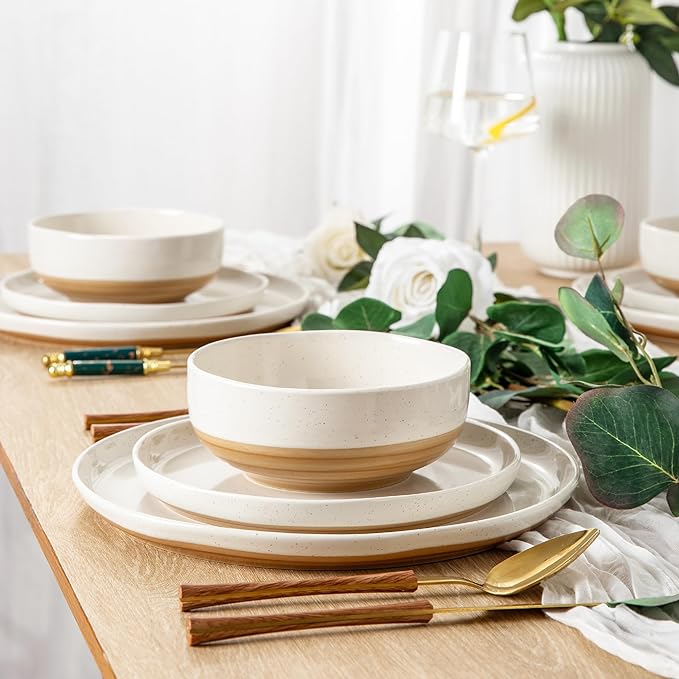 AmorArc Ceramic Dinnerware Sets, Handpainted Plates and Bowls Set with Rustic Terracotta Underside, Scratch Resistant Stoneware Dishes Set, Dishwasher & Microwave Safe