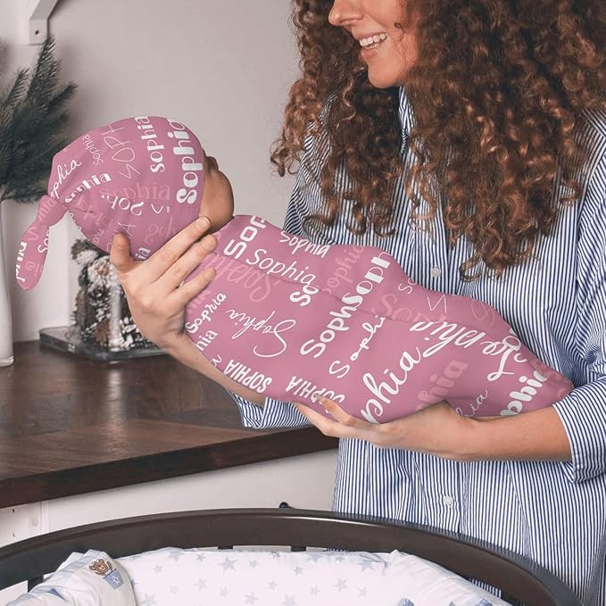 Swaddle Blanket with Hat Set Newborn Name Lettering Pink Receiving Blankets Baby Swaddle Wrap Soft Sleep Sack for Baby Boys and Girls