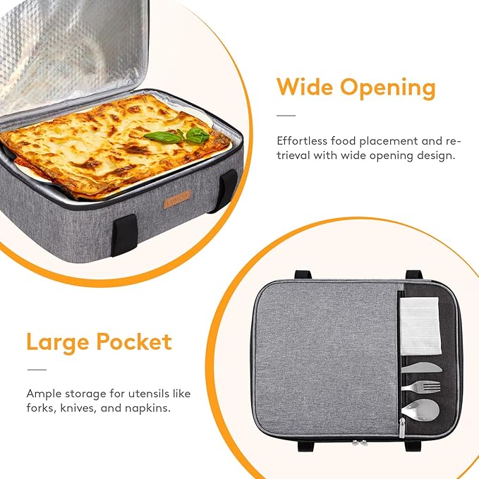LUNCIA Insulated Single Decker Casserole Carrier, Lasagna Lugger Tote Keeps Food Hot or Cold, Thermal Lunch Bag for Potluck Parties, Picnic and Cookouts, Fits 11"x15" Baking Dish, Grey